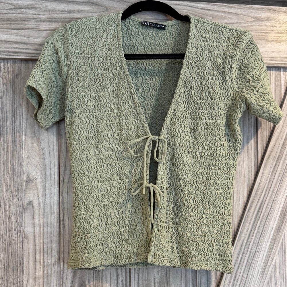Zara Sage Green Textured Tie-Front Blouse